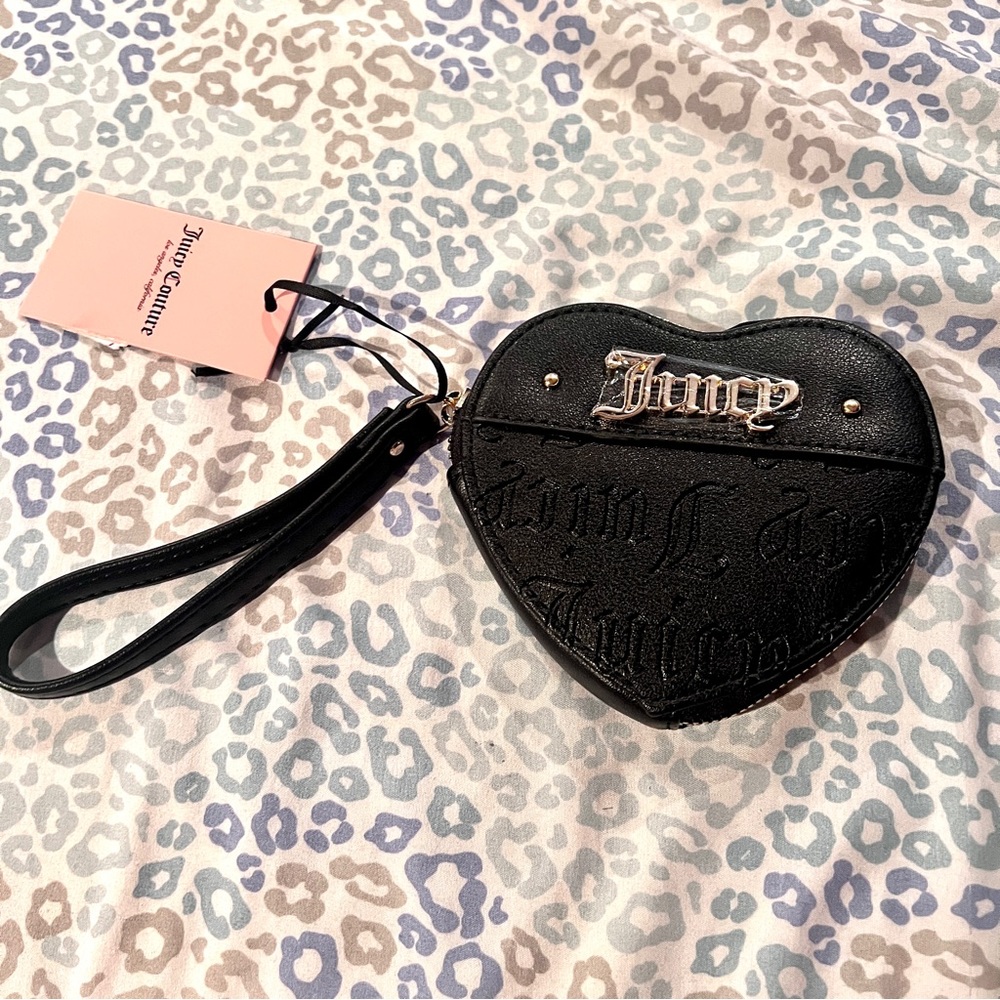 New Black Juicy Couture Wallet Wristlet Pouch Clutch Heart Zip Around